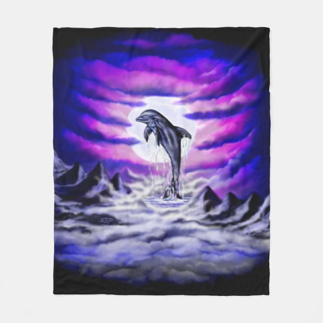 Moonlight Dolphin Fleece Blanket (Front)