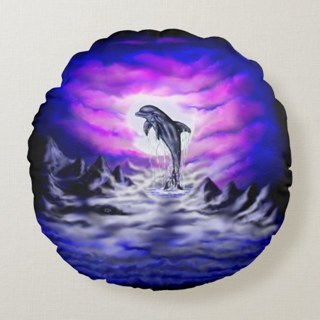 Moonlight Dolphin Round Cushion (Front)