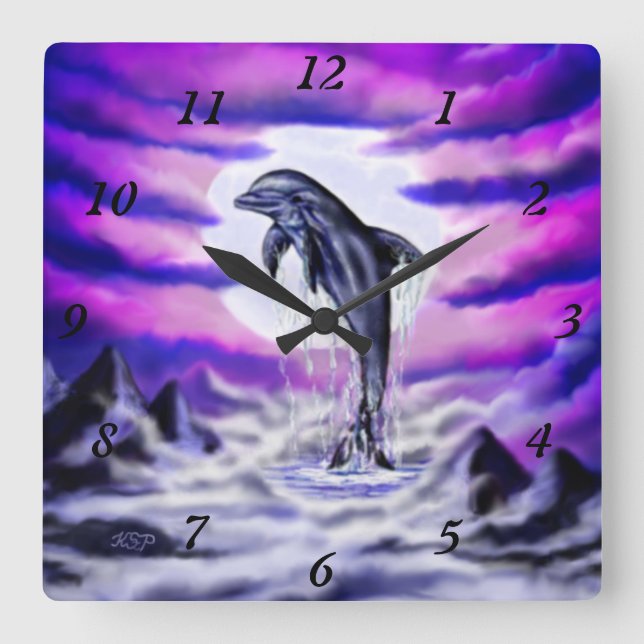 Moonlight Dolphin Square Wall Clock (Front)