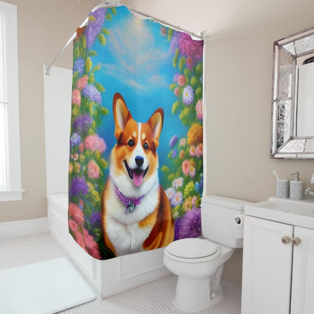 Moonlight Garden Corgi Dog Shower Curtain (In Situ)