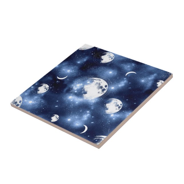 Moonlight Glow | Moon Phases in Sky Clouds Ceramic Tile (Side)
