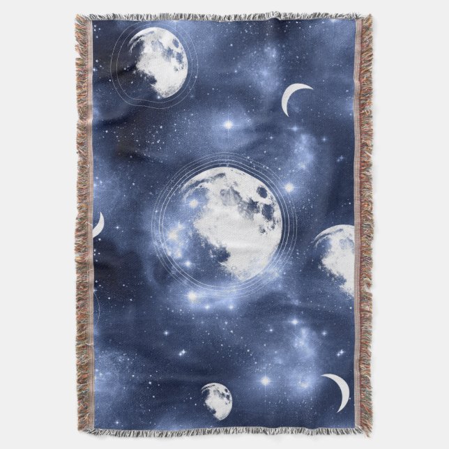 Moonlight Glow | Moon Phases in Sky Clouds Throw Blanket (Front Vertical)