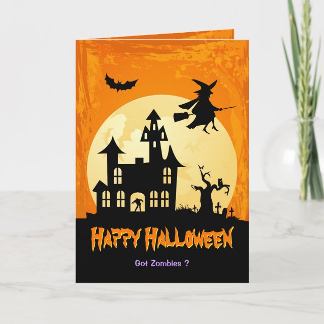 Moonlight Haunted House in Graveyard - Halloween Card (Front)