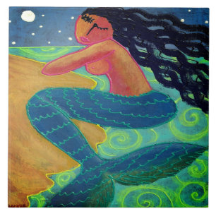 Moonlight Mermaid Abstract Art Ceramic Tile