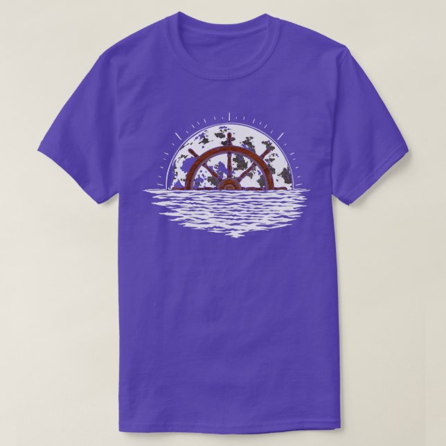 Moonlight Moon Sailboat Steering Wheel Sailing Boa T-Shirt (Design Front)