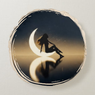 Moonlight Muse–Celestial Woman with Crescent Moon Round Cushion