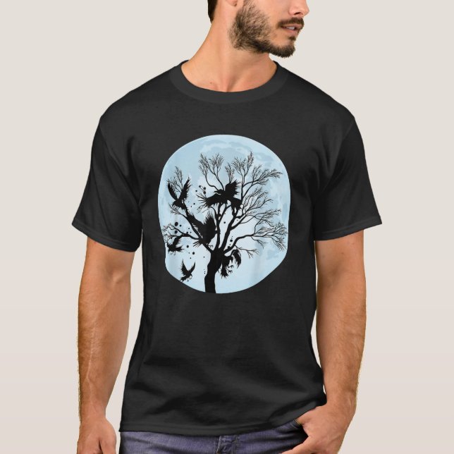 Moonlight Night Black Crow Forest Animal Bird Rave T-Shirt (Front)