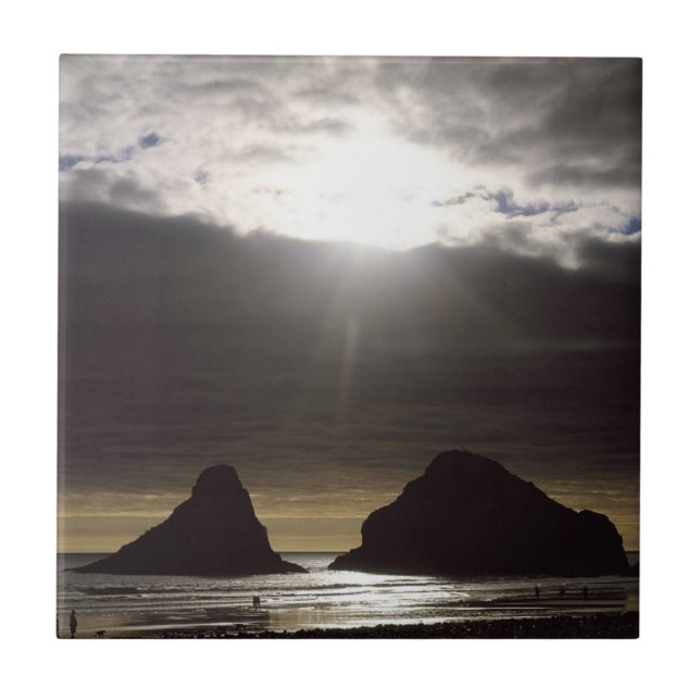 Moonlight Over Ocean Rocks Oregon Ceramic Tile (Front)