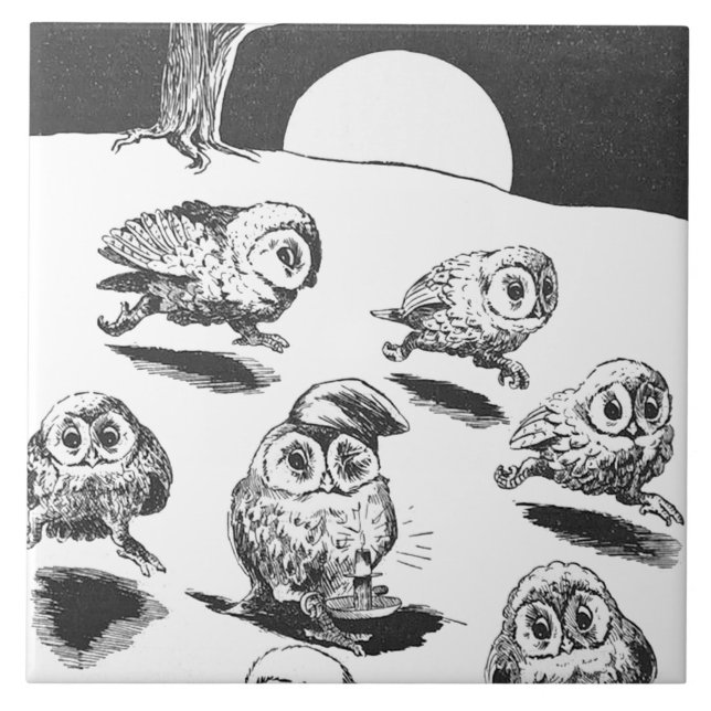 Moonlight Owls, Louis Wain Ceramic Tile (Front)