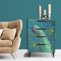 Moonlight Peacock n Feathers Gold Teal Decoupage