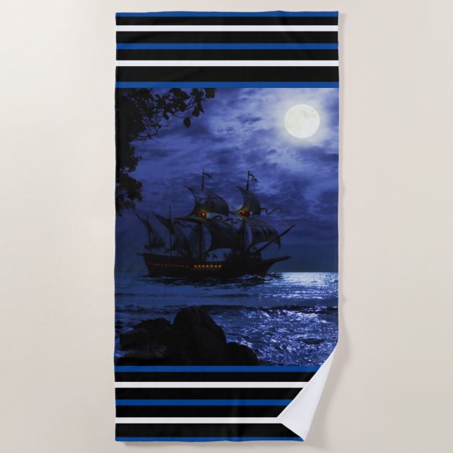 Moonlight Pirates Ship Beach Towel (Front)