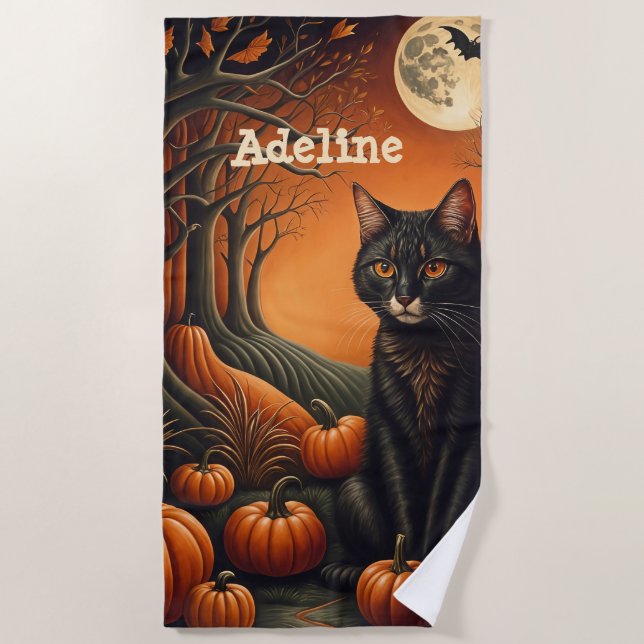 Moonlight Pumpkin Patch Personalized Halloween Beach Towel (Front)