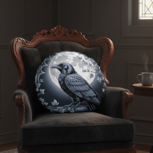 Moonlight Raven Goth Throw Pillow (Black raven throw pillow)