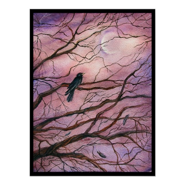 Moonlight Raven Watercolor Art Poster (Front)