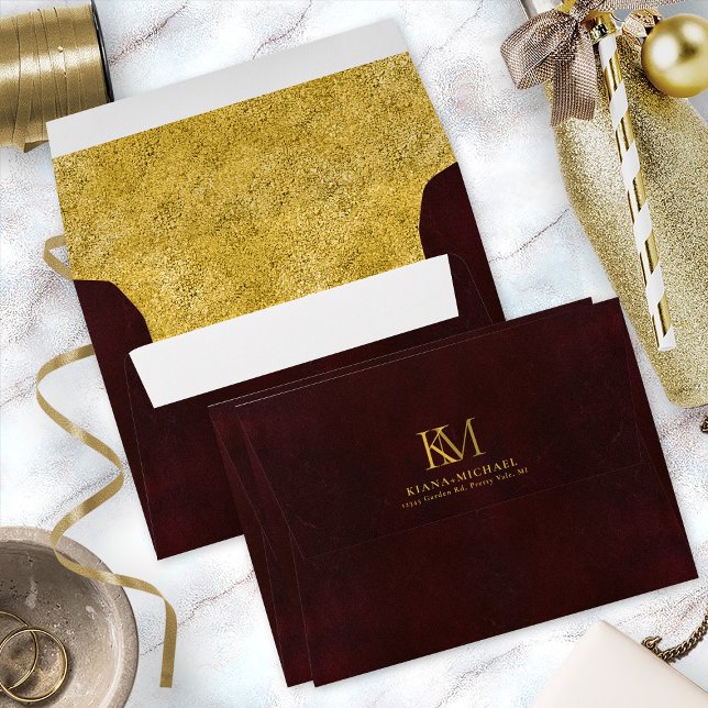 Moonlight Romance Burgundy/Pebbled Gold ID881 Envelope (Interior/Back In Situ)