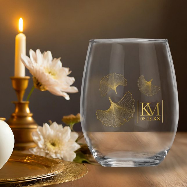 Moonlight Romance Initials Gold ID881 Stemless Wine Glass (Creator Uploaded)