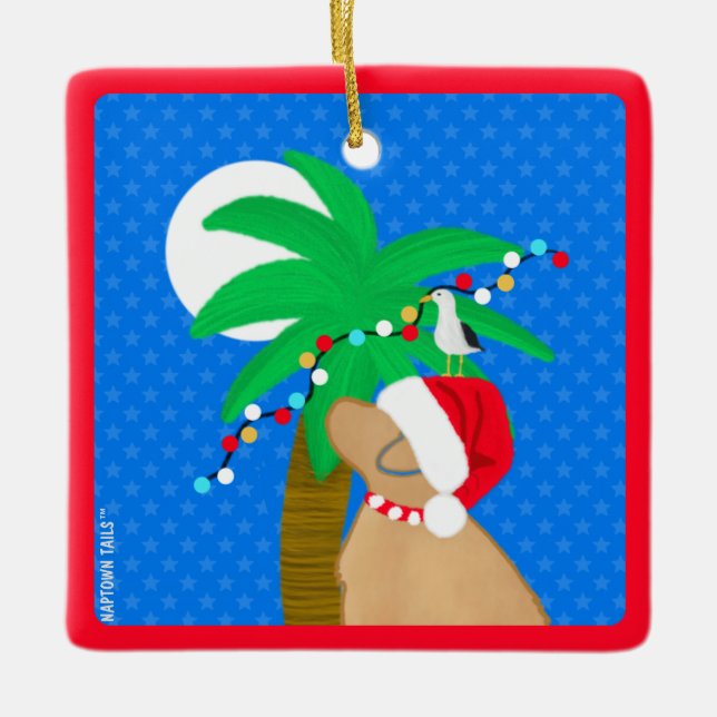 Moonlight Santa Yellow Dog Trimming Palm Tree Ceramic Ornament (Front)