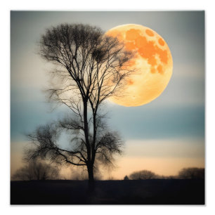 Moonlight Serenity: Full Moon Over Bare Tree Photo Print