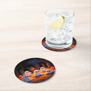 Moonlight Spooky Ghost Tales Round Paper Coaster