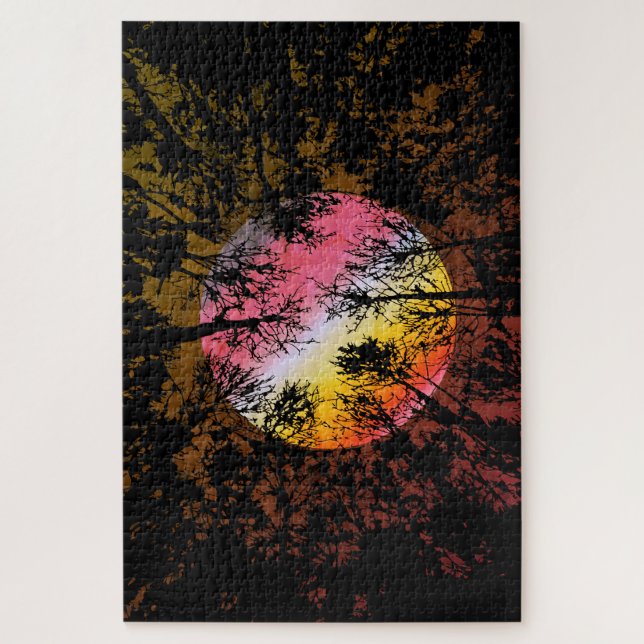 Moonlight Through Dense Forest – Colourful Surreal Jigsaw Puzzle (Vertical)