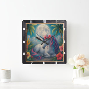 Moonlight Unicorn Tropical Flowers  Square Wall Clock