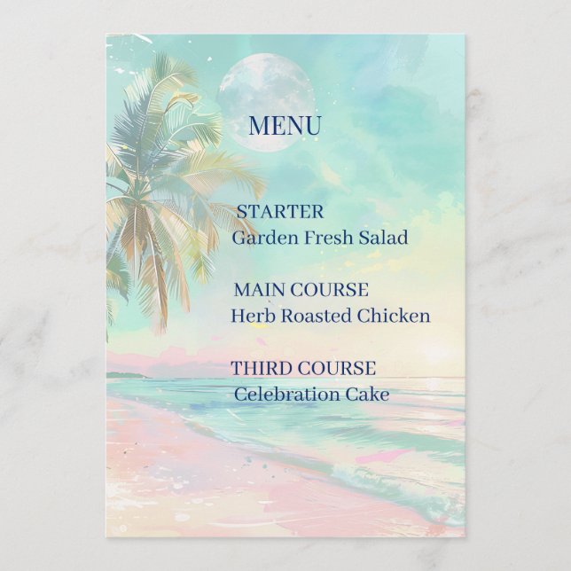 Moonlight Watercolor Beach Wedding Menu (Front)