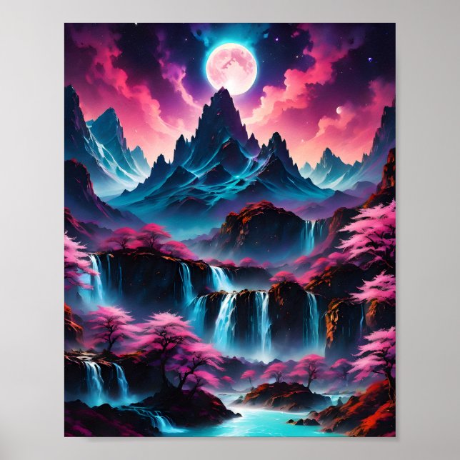 Moonlight Waterfalls Fantasy Landsca Poster (Front)
