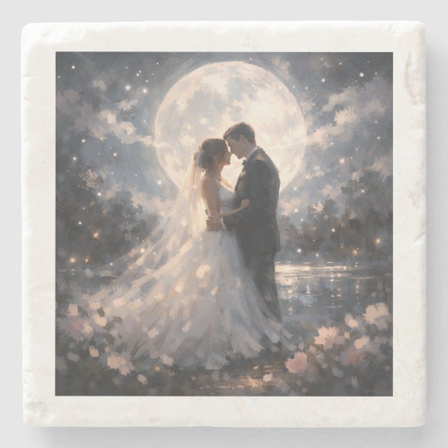 Moonlight Wedding Couple Romantic  Stone Coaster (Front)