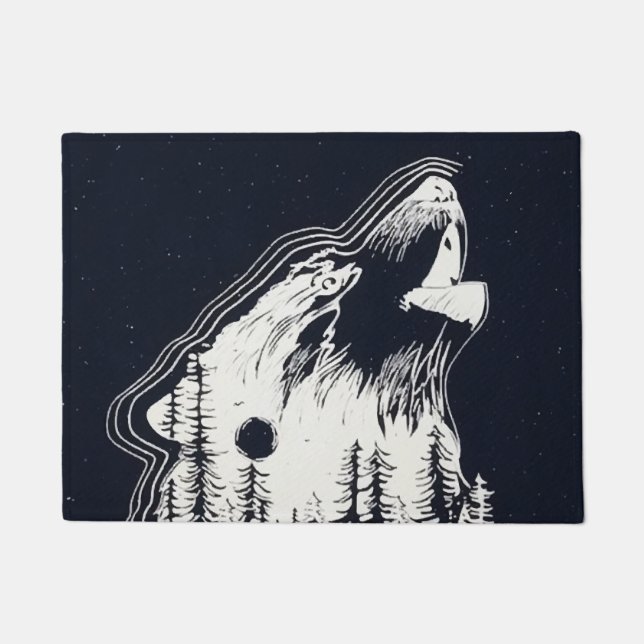 Moonlight Winter Wolf Pine Tree Forest Doormat (Front)