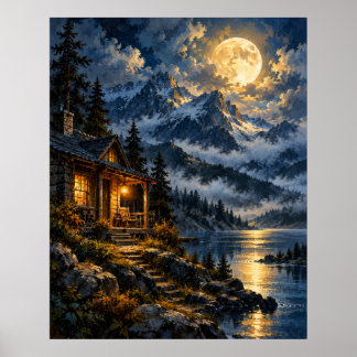 Moonlit Alpine Cabin - Golden Moon Lake Poster