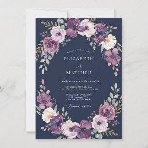 Moonlit Amethyst Plum Wreath Wedding Invitation