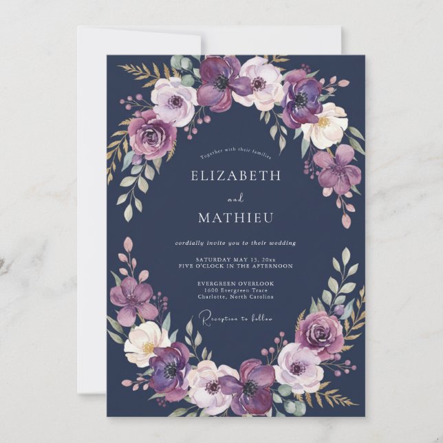 Moonlit Amethyst Plum Wreath Wedding Invitation (Front)