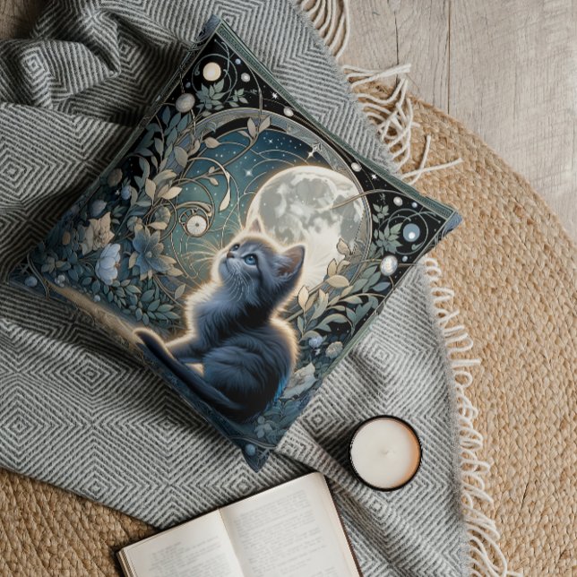 Moonlit Art Nouveau Kitten Under Celestial Sky Cushion (This cute kitten pillow is going to take you to the moon)
