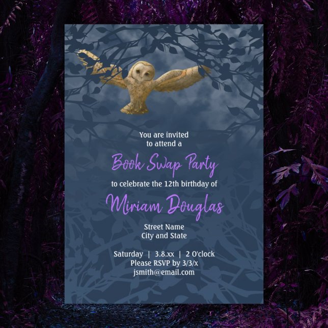 Moonlit Barn Owl, Midnight Blue Forest Card (blue purple forest magical fantasy owl in flight girls birthday )