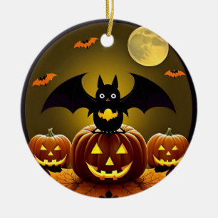 🌕🦇 Moonlit Bat & Pumpkin Spooky Cute Night ✨🎃 Ceramic Ornament