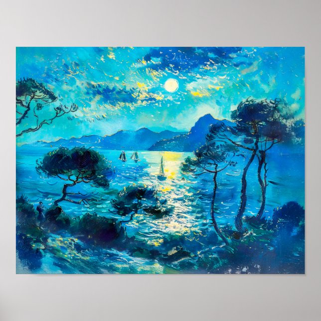 Moonlit Bay with Boats Impressionist Nocturne Poster (Front)