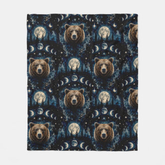 Moonlit Bear Watercolor Pattern | Celestial Forest Fleece Blanket