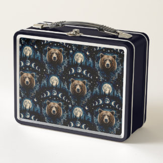 Moonlit Bear Watercolor Pattern | Celestial Forest Metal Lunch Box