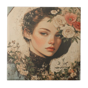 Moonlit Beauty - Woman with Flower and Full Moon Ceramic Tile