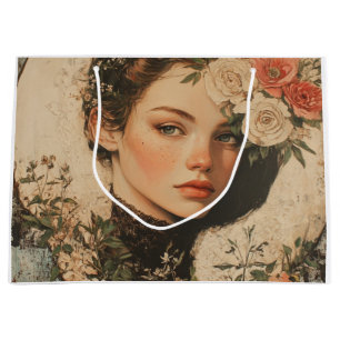 Moonlit Beauty - Woman with Flower and Full Moon Large Gift Bag