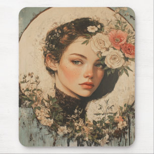 Moonlit Beauty - Woman with Flower and Full Moon Mouse Pad