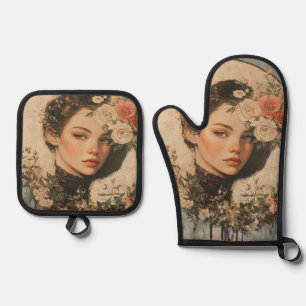 Moonlit Beauty - Woman with Flower and Full Moon Oven Mitt & Pot Holder Set