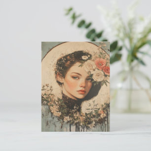 Moonlit Beauty - Woman with Flower and Full Moon Postcard