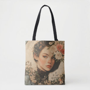 Moonlit Beauty - Woman with Flower and Full Moon Tote Bag