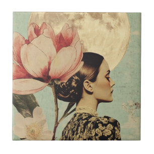 Moonlit Beauty – Woman with Pink Flower and Moon Ceramic Tile