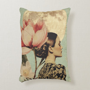 Moonlit Beauty – Woman with Pink Flower and Moon Decorative Cushion