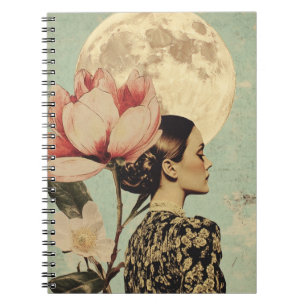 Moonlit Beauty – Woman with Pink Flower and Moon Notebook