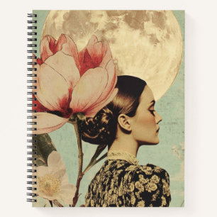 Moonlit Beauty – Woman with Pink Flower and Moon Notebook