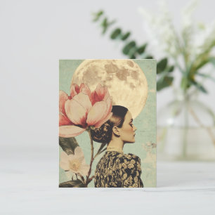 Moonlit Beauty – Woman with Pink Flower and Moon Postcard