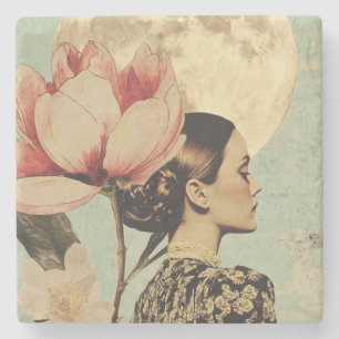 Moonlit Beauty – Woman with Pink Flower and Moon Stone Coaster